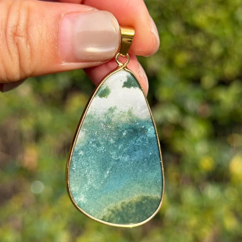 Gold plated stainless steel natural moss agate pendant‎ 1023